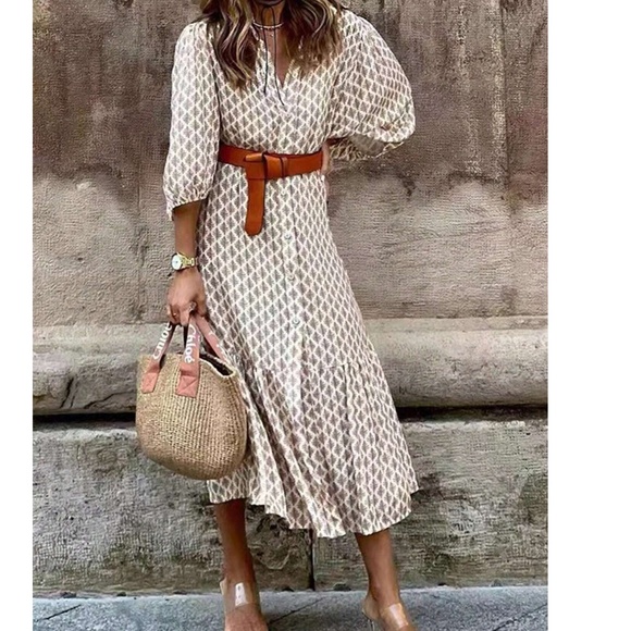 Boho Geo Print Button Down 3/4 balloon Sleeve Dress - Picture 3 of 5